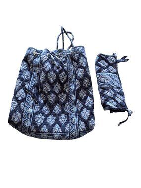 Vera Bradley VTG Blue Calypso Drawstring Bag Backpack Bucketbag Small Zip Pouch